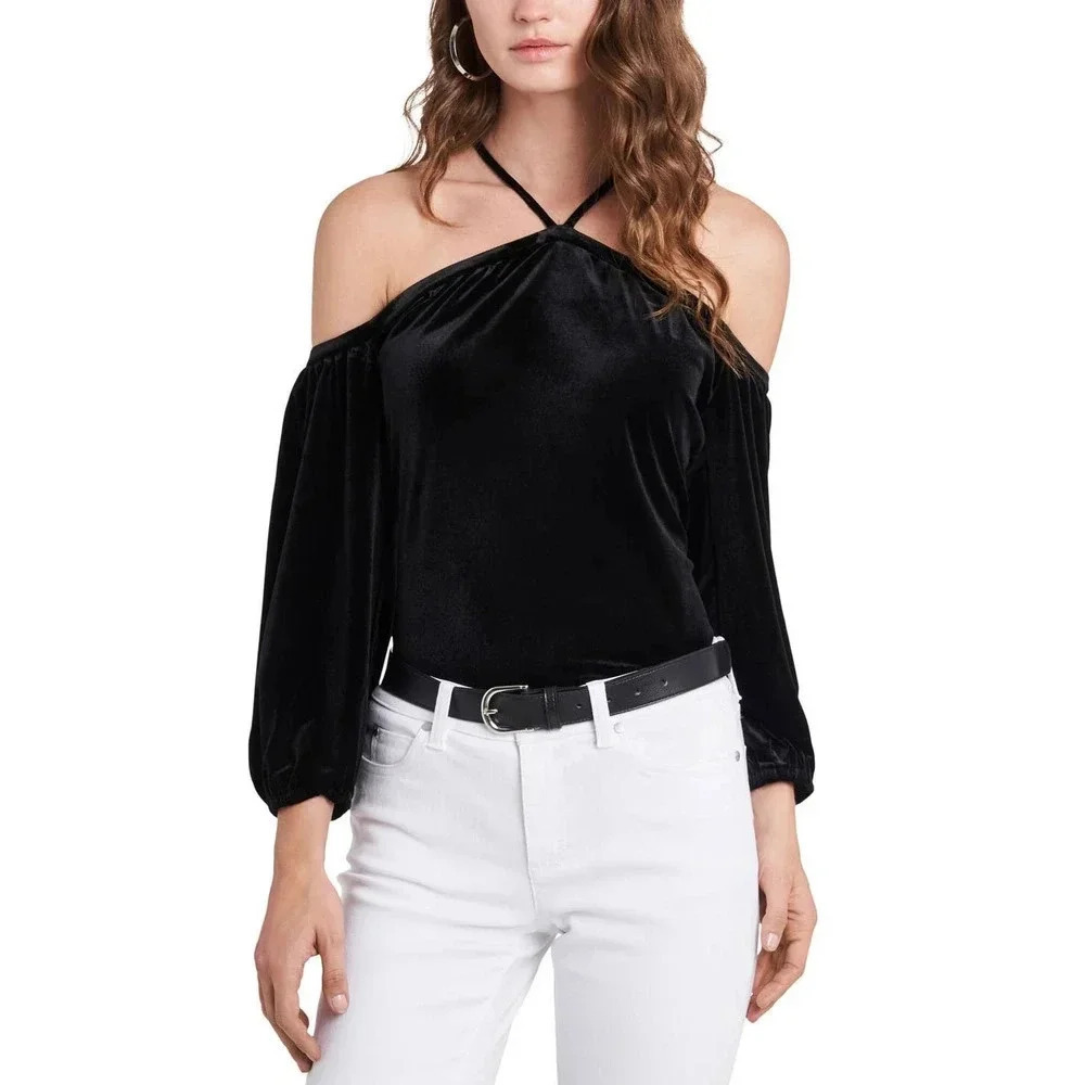 1.State Women's Black Velvet Halter Cold Shoulder Blouse Top Large NWT
